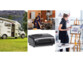 Mise en situation en 3 photos succesives illustrant de gauche à droite une utilisation du radiateur soufflant céramique AGT dans une pièce d'arts plastiques, dans un atelier et à l'extérieur dans un camping-car