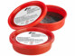 2 pots rouges plats de mastic en fibre de verre dont un ouvert avec le couvercle indiquant les consignes d'utilisation et de sécurité