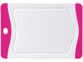 Planchette à découper en plastique blanc compatible lave-vaisselle avec rainure à jus, cadre rose et oeillet pour rangement
