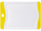 Planchette à découper en plastique blanc compatible lave-vaisselle avec rainure à jus, cadre jaune et oeillet pour rangement