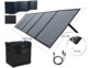 Batterie nomade et convertisseur solaire HSG-1150 avec panneau solaire pliable avec dimensions annotées et câble adaptateur MC4 vers Anderson