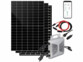 Pack avec 2 panneaux solaires verre-verre, câble de raccordement, micro-inverseur SMI-800, câble adaptateur AC, matériel de montage pour micro-inverseur, câble de rallonge solaire, câble d'alimentation solaire et modes d'emploi en français