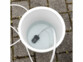 Tuyau d'aspiration d'eau plongé dans un seau d'eau blanc rempli d'eau posé sur des pavés avec à son extrémité un filtre