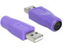 Deux adaptateurs USB male vers PS/2 femelle violets pour clavier sur fond blanc