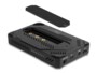 Boîtier SSD externe USB-C DeLock ouvert, vue éclatée montrant emplacements M.2 NVMe et SATA avec entretoises
