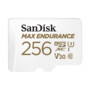 Carte microSDXC SanDisk Max Endurance 256 Go blanche avec chiffre 256 en doré