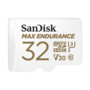Carte microSDHC SanDisk Max Endurance 32 Go blanche avec inscriptions dorées et noires
