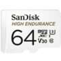 Carte microSDXC SanDisk High Endurance 64 Go blanche avec inscriptions noires et dorées