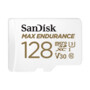 Carte microSDXC SanDisk Max Endurance 128 Go blanche avec capacité dorée et logo noir