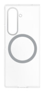 Coque transparente Samsung avec anneau magnétique gris, découpe caméra verticale arrondie en haut à gauche