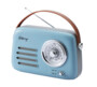 Radio portable rétro Halterrego bleu pastel avec poignée cuir, antenne télescopique et cadran FM chromé
