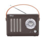 Radio portable rétro Halterrego marron avec poignée cuir, cadran FM chromé, antenne et commandes multifonctions