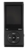 Lecteur MP4 noir 8Go avec écran sombre et pavé de navigation circulaire, boutons MENU, VOL+/- et pistes sur fond blanc