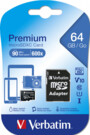 Carte MicroSDXC Premium classe 10 avec adaptateur SD 64 Go Verbatim dans son emballage cartonné et plastifié bleu