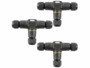 3 connecteurs étanches 3 voies étanches forme de T vus de face