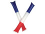 Deux bâtons gonflables aux couleurs tricolores de la France, arborant le drapeau français, utilisés comme applaudisseurs pour faire du bruit et encourager lors de manifestations sportives ou festives.