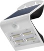 Applique murale solaire LED 3,2 W Goobay blanche, vue de face avec panneau solaire, capteur PIR et 4 modules LED