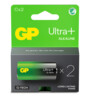 Pack de 2 piles alcalines de type C Ultra+ de la marque GP dans leur emballage cartonné vert et gris foncé