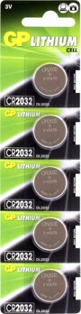Pack de 5 piles bouton CR2032 de la marque GP dans leur emballage