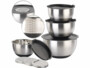 Lot de 4 saladiers en acier inoxydable avec 3 râpes à insérer dans le couvercle des saladiers.
