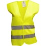 Gilet jaune haute visibilité sans manches avec deux bandes réfléchissantes grises, col en V, étiquette blanche au col