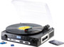 Tourne-disque lecteur cassette USB & enregistreur MP3 UPL-855.MP3 Q-Sonic mise en situation avec disque, cassette clé USB et carte SD.