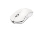 Souris 1600 dpi blanche rechargeable avec molette et bouton de réglage de la résolution visibles sur le dessus, vue de biais