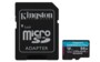 Carte microSD Kingston Canvas Go! Plus 64 Go noire et bleue avec adaptateur SD noir sur fond blanc