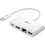 Adaptateur Goobay multiports blanc vu en trois-quarts entre portable et écran