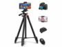 Trépied télescopique avec support pour smartphone et déclencheur à distance.