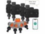 Pack avec 4 programmateurs d'arrosage BWC-550.app, 4 adaptateurs pour raccord à clic, 4 bandes d'étanchéité, répartiteur d'eau à 4 voies, 4 raccords pour tuyaux d'arrosage, raccord pour robinet et modes d'emploi en français