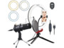 Pack avec microphone MC-210.usb, trépied pour micro, trépied pour anneau LED, anneau LED avec support pour smartphone, déclencheur à distance avec pile bouton et modes d’emploi en français