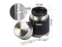 Récipient isotherme à double paroi 350 ml avec cuillère vue avec couvercle dévissé et annotations