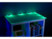 Mise en situation de l'éclairage d'une table/étagère de bureau en LED bleu-vert, avec 6 pinces LED RVB fixées sur 2 côtés du meuble, 3 sur chacun des 2 côtés, avec éclairage ambiant éteint