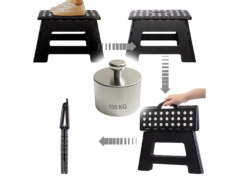 Marchepied Pliable En Plastique Antidérapant - Dimensions 28x19,5x22,5 Cm - Pour Cuisine, Salle De Bain, Rangement - Noir