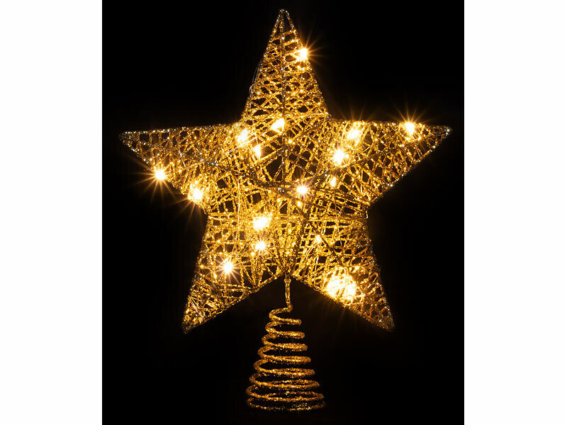Étoile De Sapin De Noël Dorée 25,4 Cm Pailletée 3D – 10 LED Blanc Chaud Clignotantes, Batterie, Décoration Sommet Sapin
