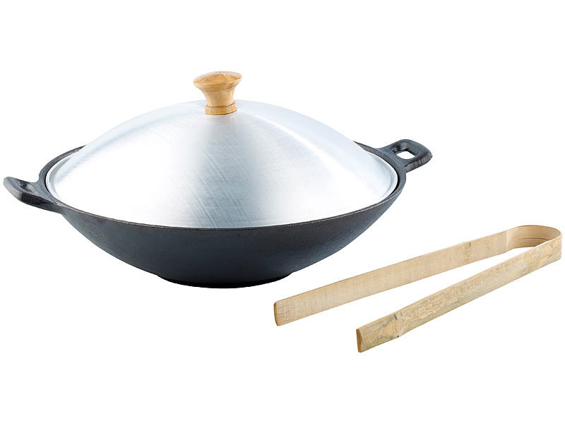 Poêle Wok émaillée, fonte, induction, 31 cm, grande, poêle wok grill,  manche en bois