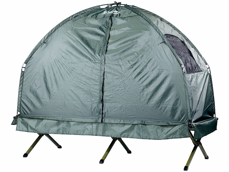 Tente surélevée pas cher avec lit de camp, matelas et sac