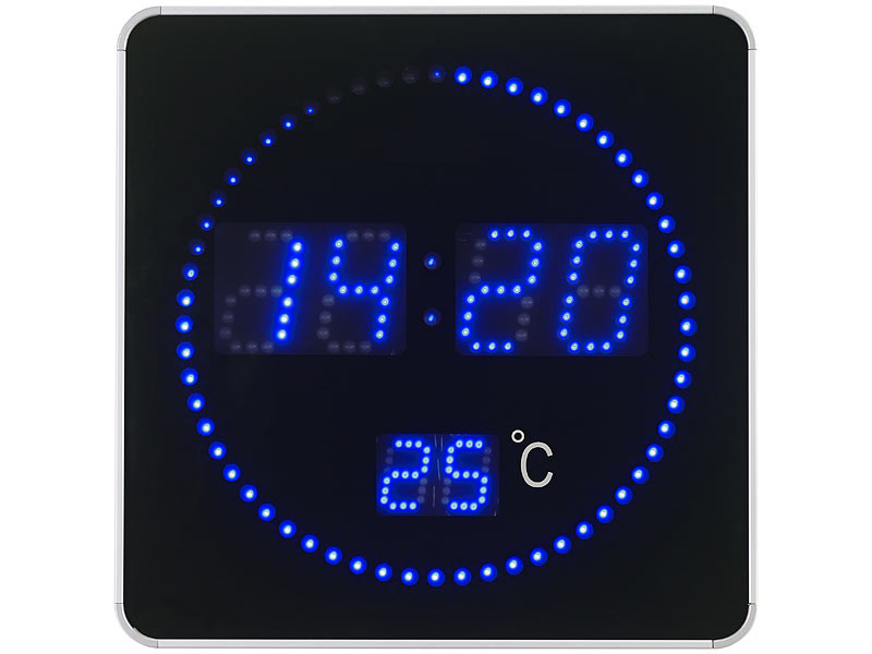 Horloge murale radio-pilotée à LED bleues et affichage de la température