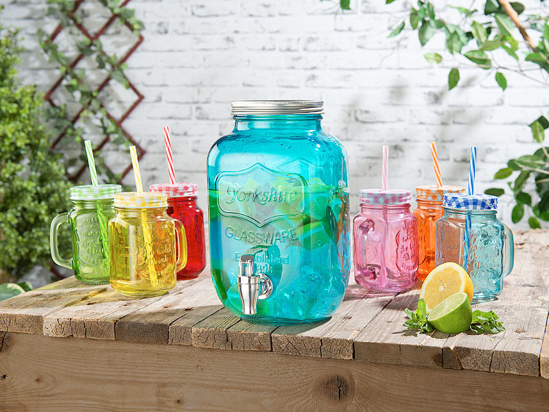 Relaxdays Distributeur de boisson 5 L, limonade, carafe verre robinet,  retro vintage, fontaine boisson, transparent