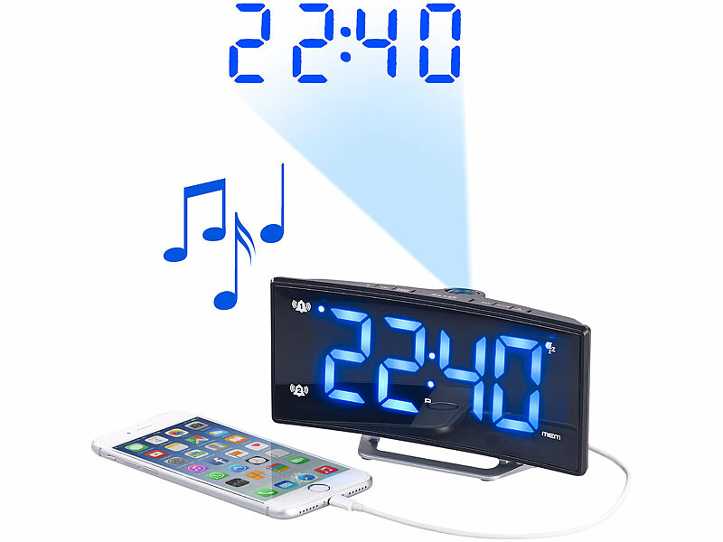 Radio-réveil à projection avec affichage bleu et port de chargement USB, Réveils