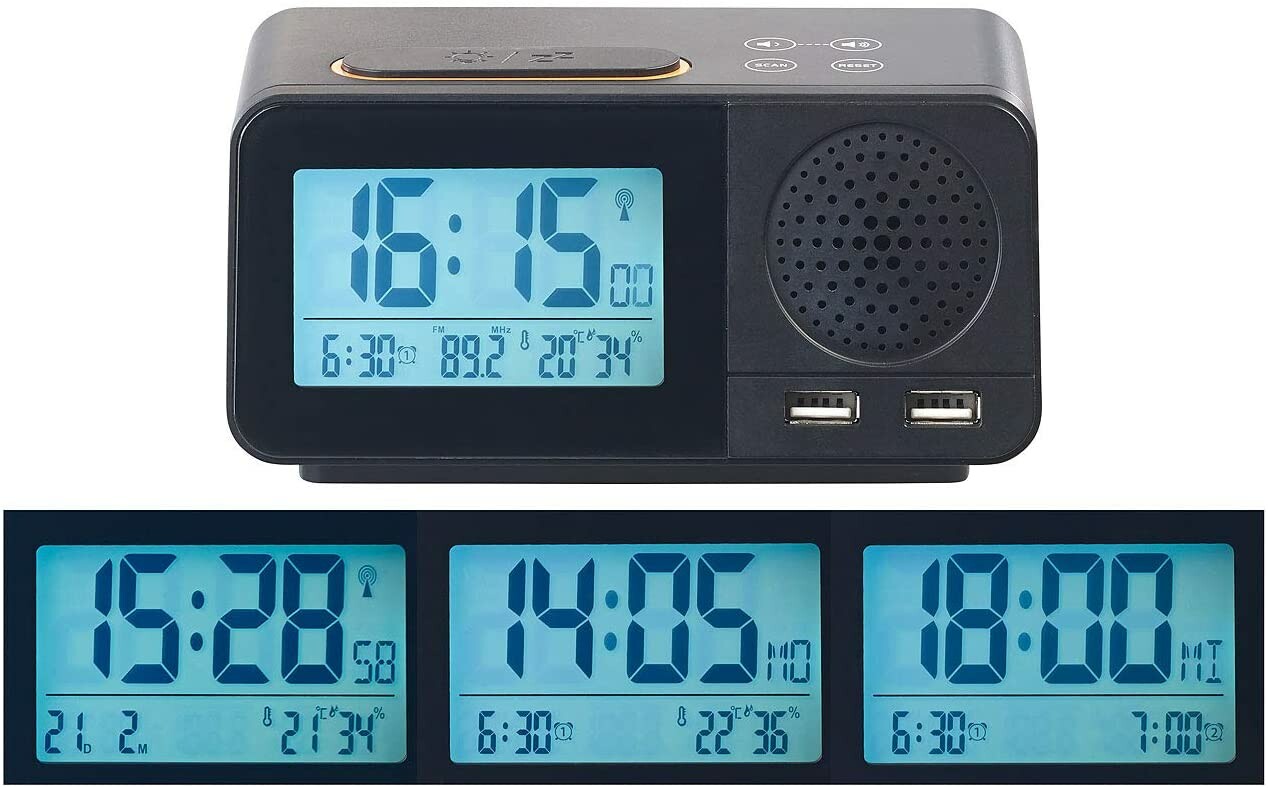 Radio-réveil radio-piloté avec hygromètre / thermomètre / chargement USB