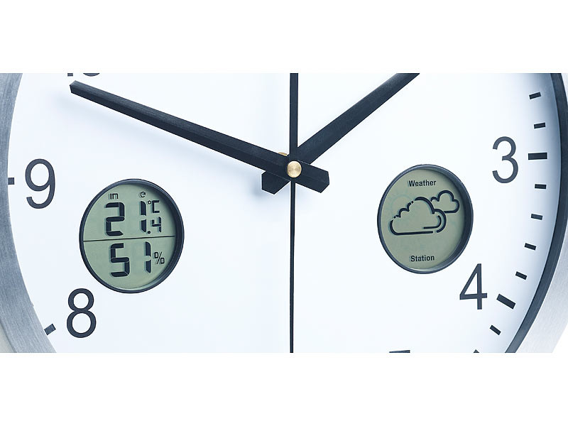 Horloge murale avec Infos Météo, Thermomètre et Hygromètre, Horloges