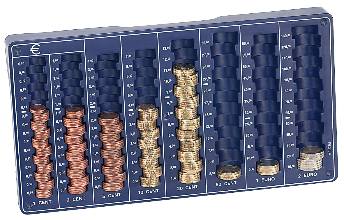 Organiseurs pour pièces de monnaies, de 1 centime à 2 Euros, Caisses,  pièces et billets