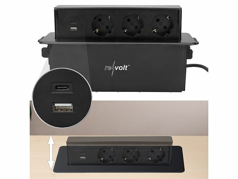 Bloc Prises escamotable avec 3 prises 230V + 2 prises USB Noir - Orno 