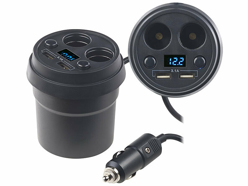 Transmetteur FM Bluetooth kit mains libres de voiture avec deux ports de charge USB adaptateur audio de voiture porte-gobelet et allume-cigare bleu 