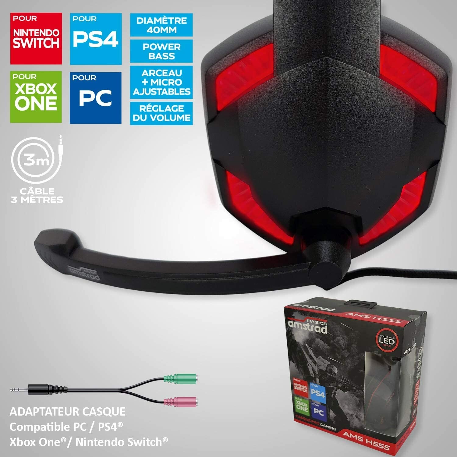 Casque gaming avec micro pour ps4 / xbox one/ pc / switch rouge