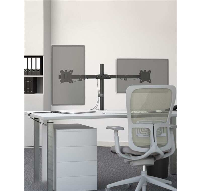 Support Bureau 2 écrans KIMEX – Pour Moniteurs 17-32 Pouces, Orientation Verticale, Noir
