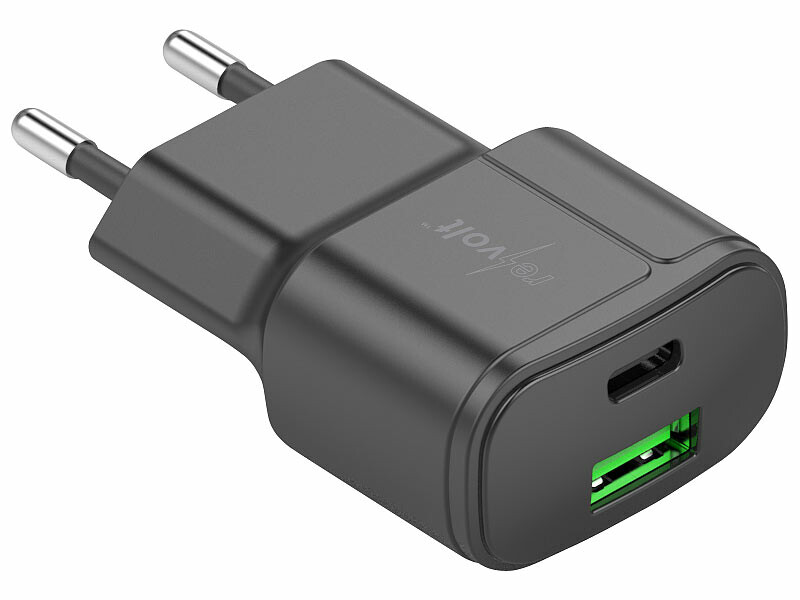 Chargeur USB double port, USB-C et USB-A, fonction charge rapide, noir -  PEARL