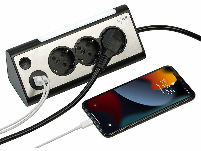 Multiprise 3 prises avec veilleuse LED et 2 ports USB - coloris noir, Multiprises